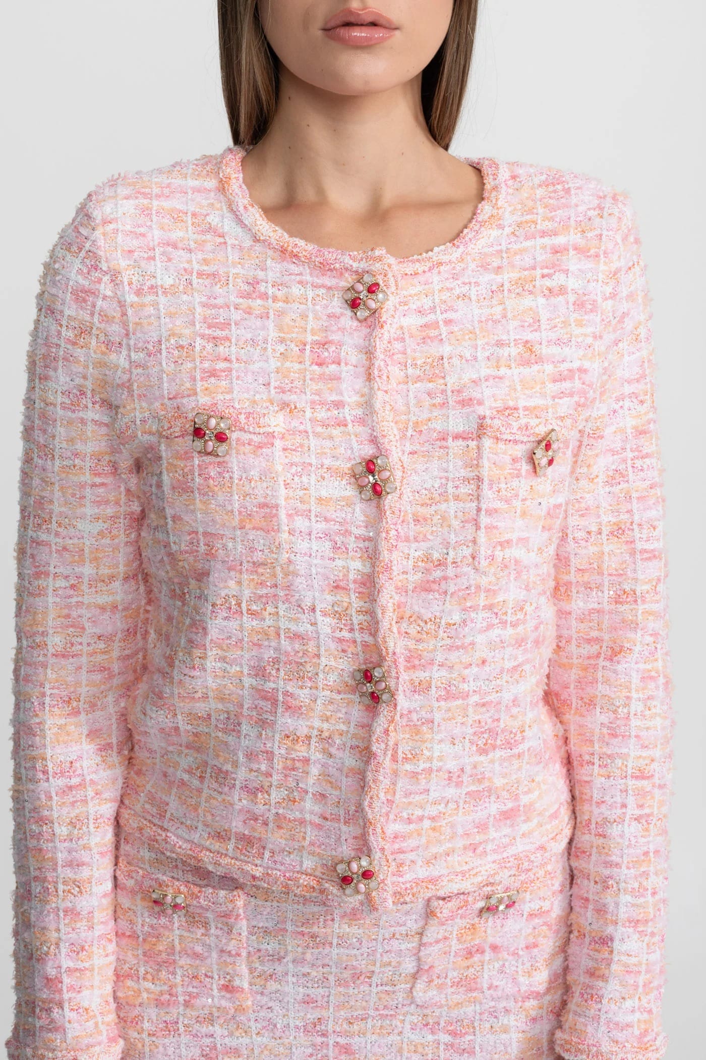 Two-Piece Set with Textured Long Sleeve Jacket and Mini Skirt - Pink