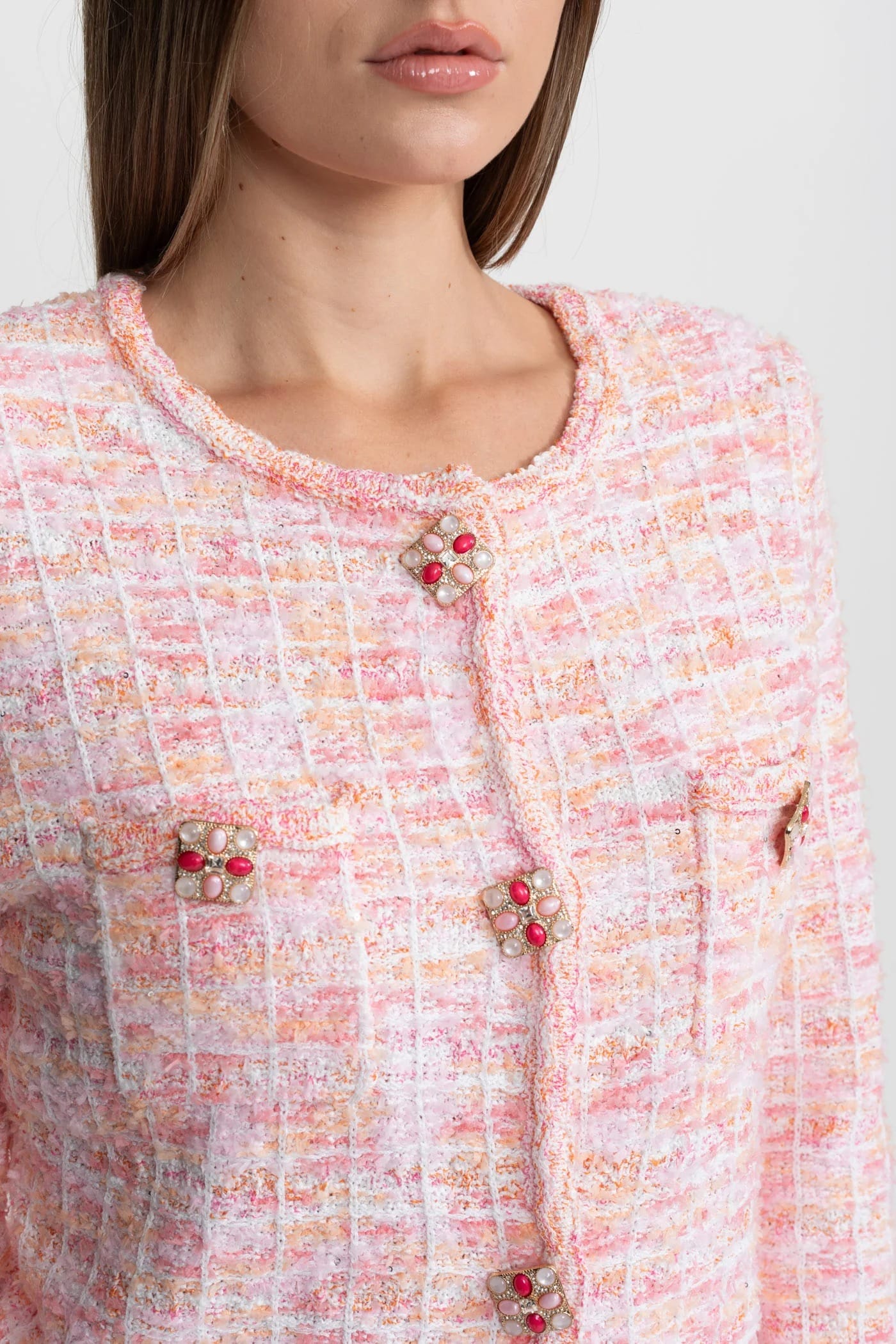 Two-Piece Set with Textured Long Sleeve Jacket and Mini Skirt - Pink