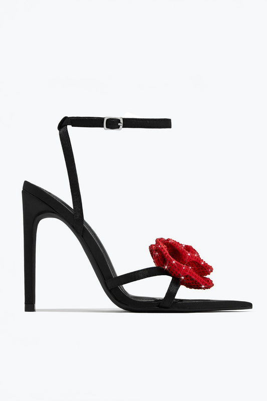 Open Toe Sandals with Beaded Rose Detail and Slim Ankle Strap - Black