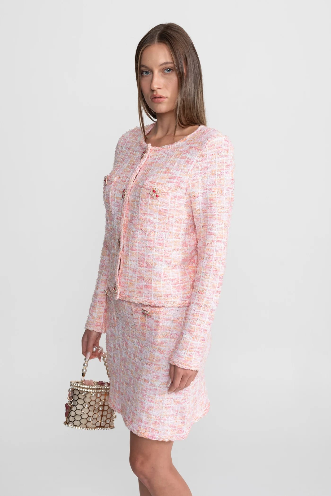 Two-Piece Set with Textured Long Sleeve Jacket and Mini Skirt - Pink