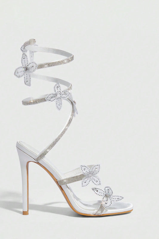 Lace-Up Sandals with Butterfly Detail - White