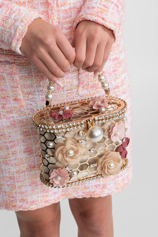 Embellished Floral Beaded Handle Mini Bag - White