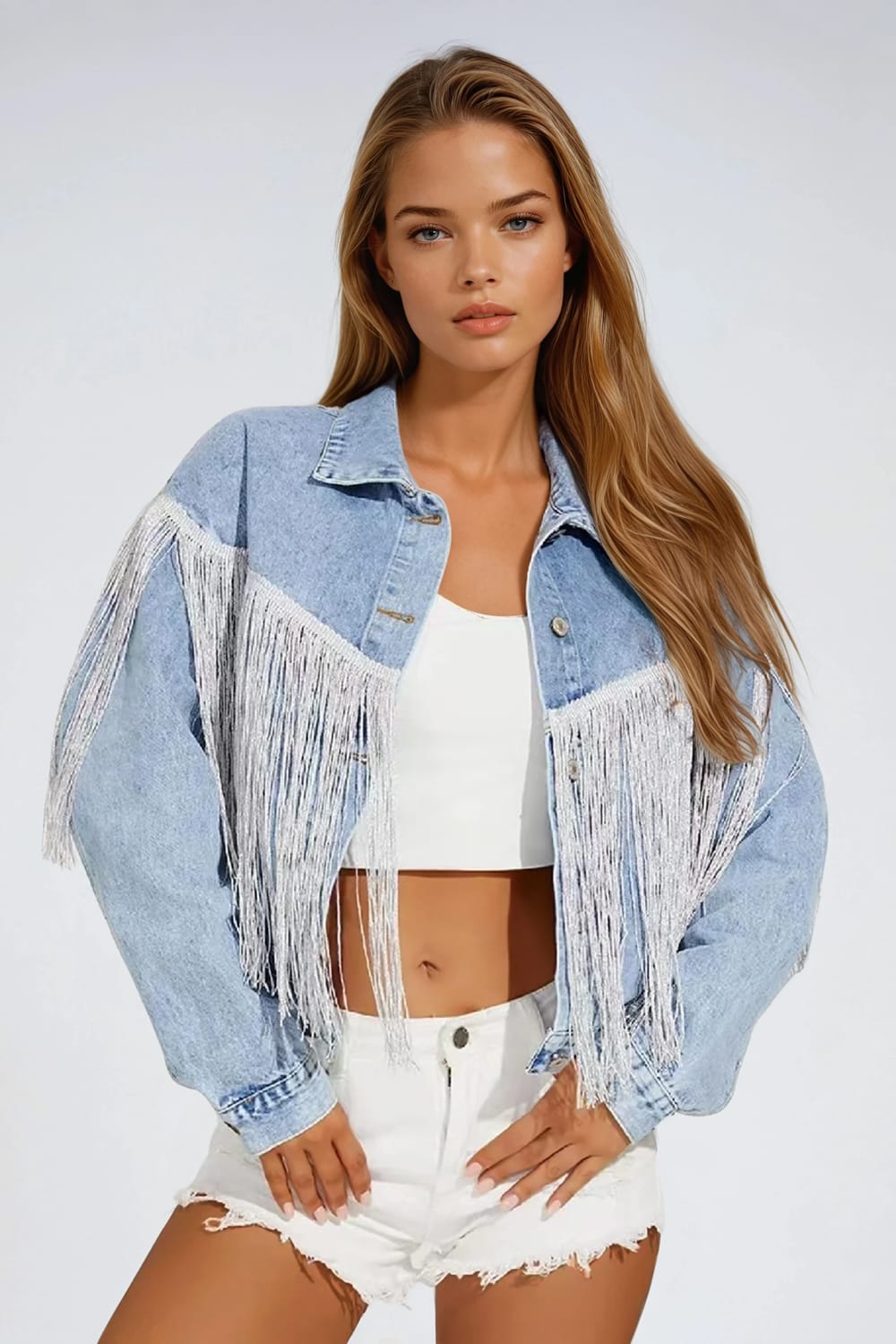 Denim Jacket with Fringe Detail - Blue