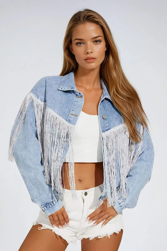 Denim Jacket with Fringe Detail - Blue