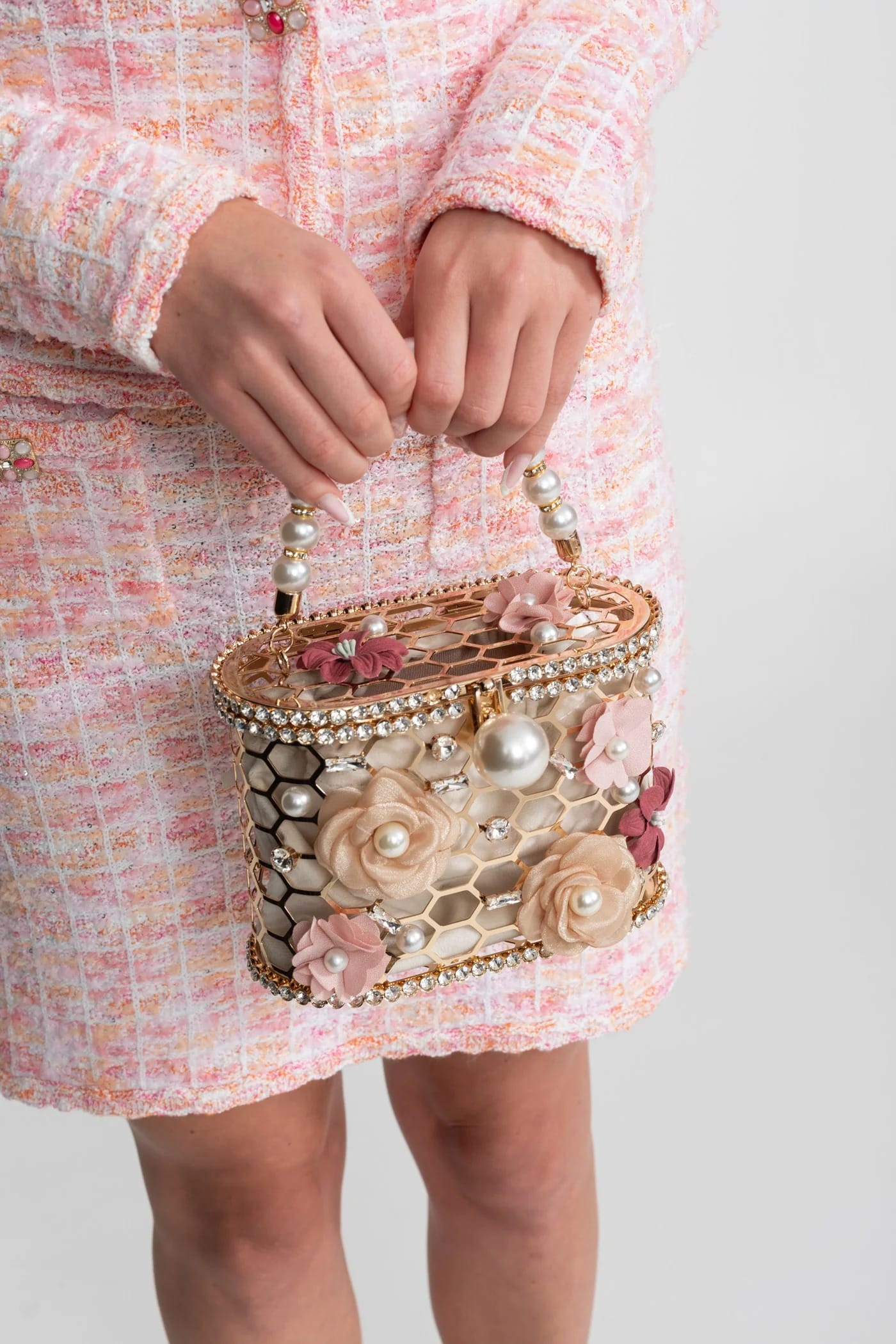 Embellished Floral Beaded Handle Mini Bag - White