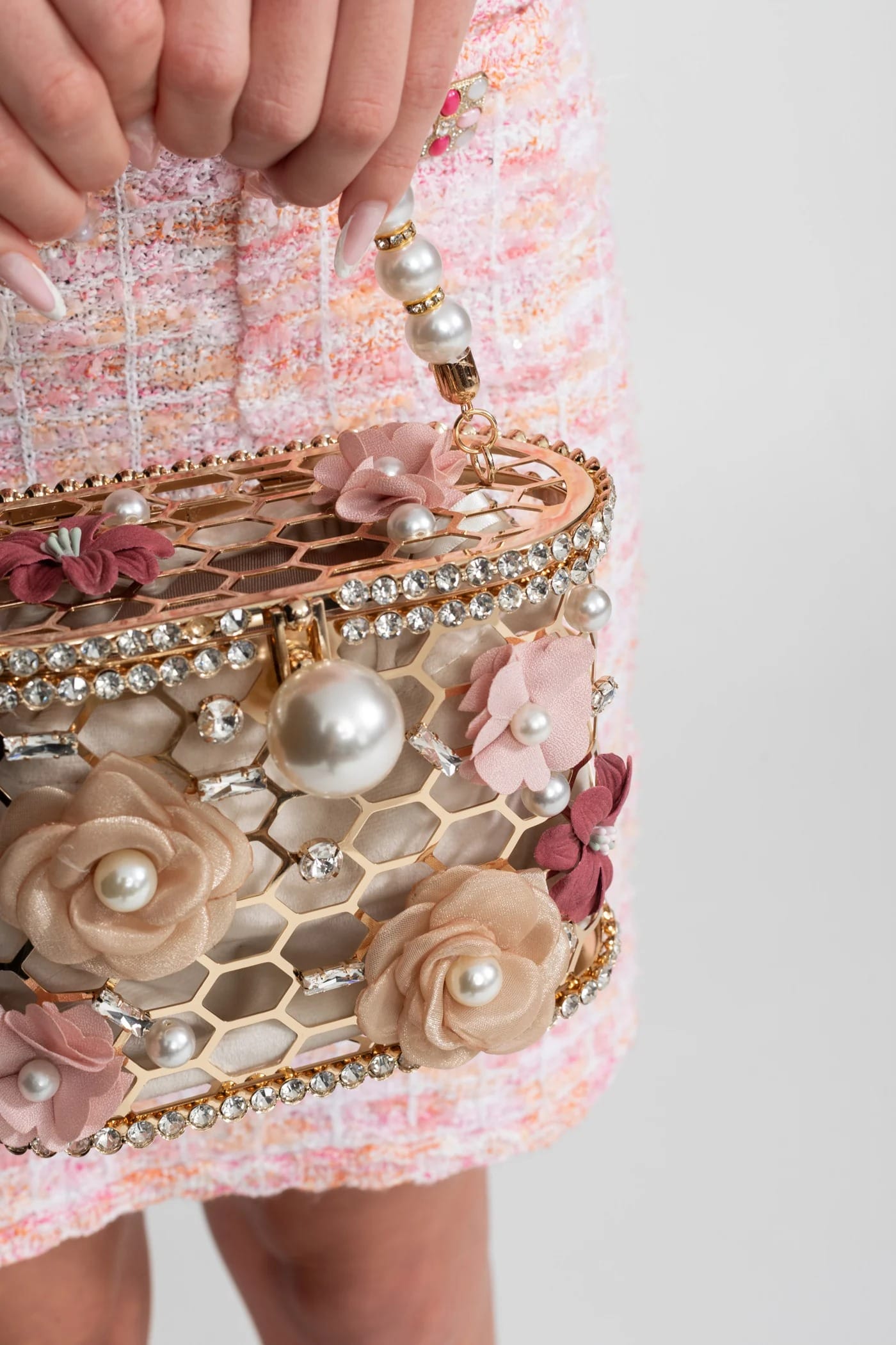 Embellished Floral Beaded Handle Mini Bag - White