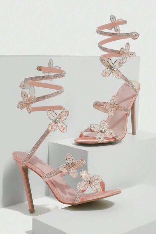 Lace-Up Sandals with Butterfly Detail - Pink