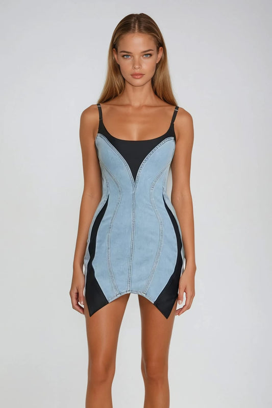 Sleeveless Mini Dress with Denim Accent - Blue