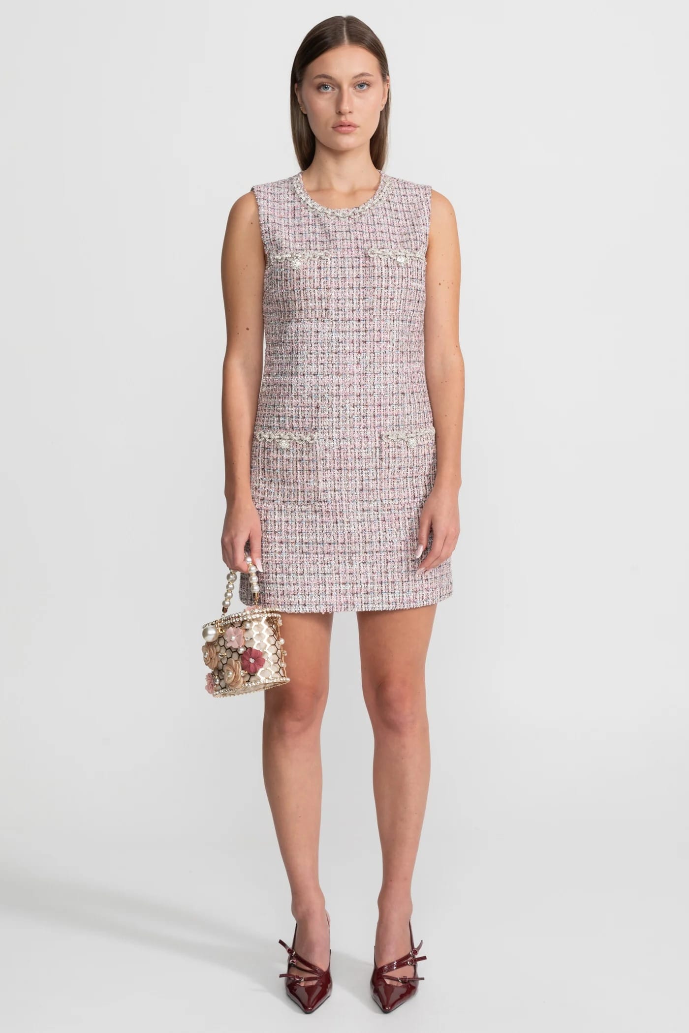 Sleeveless Mini Dress with Chain Detail and Front Pockets - Pink