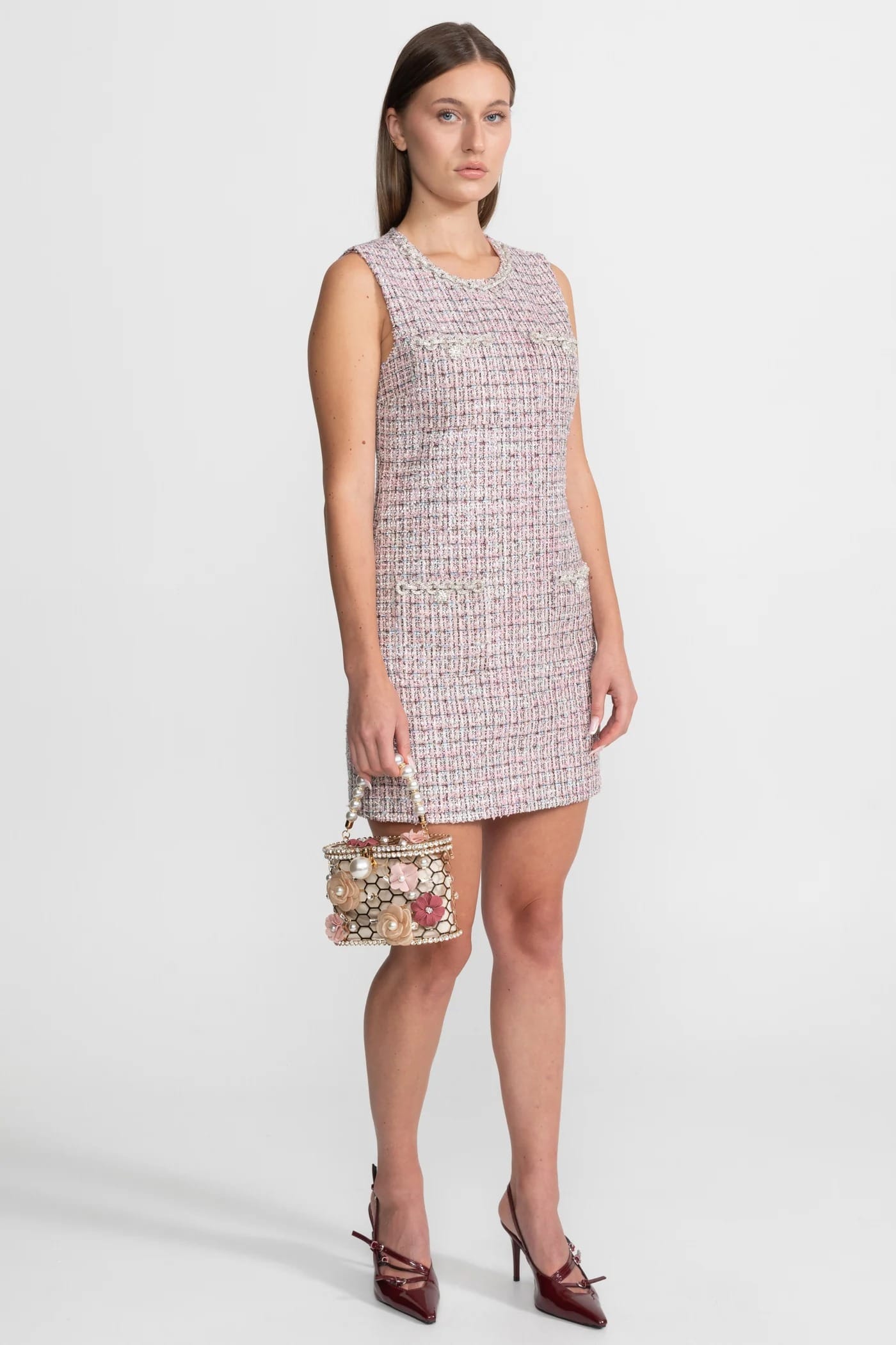 Sleeveless Mini Dress with Chain Detail and Front Pockets - Pink