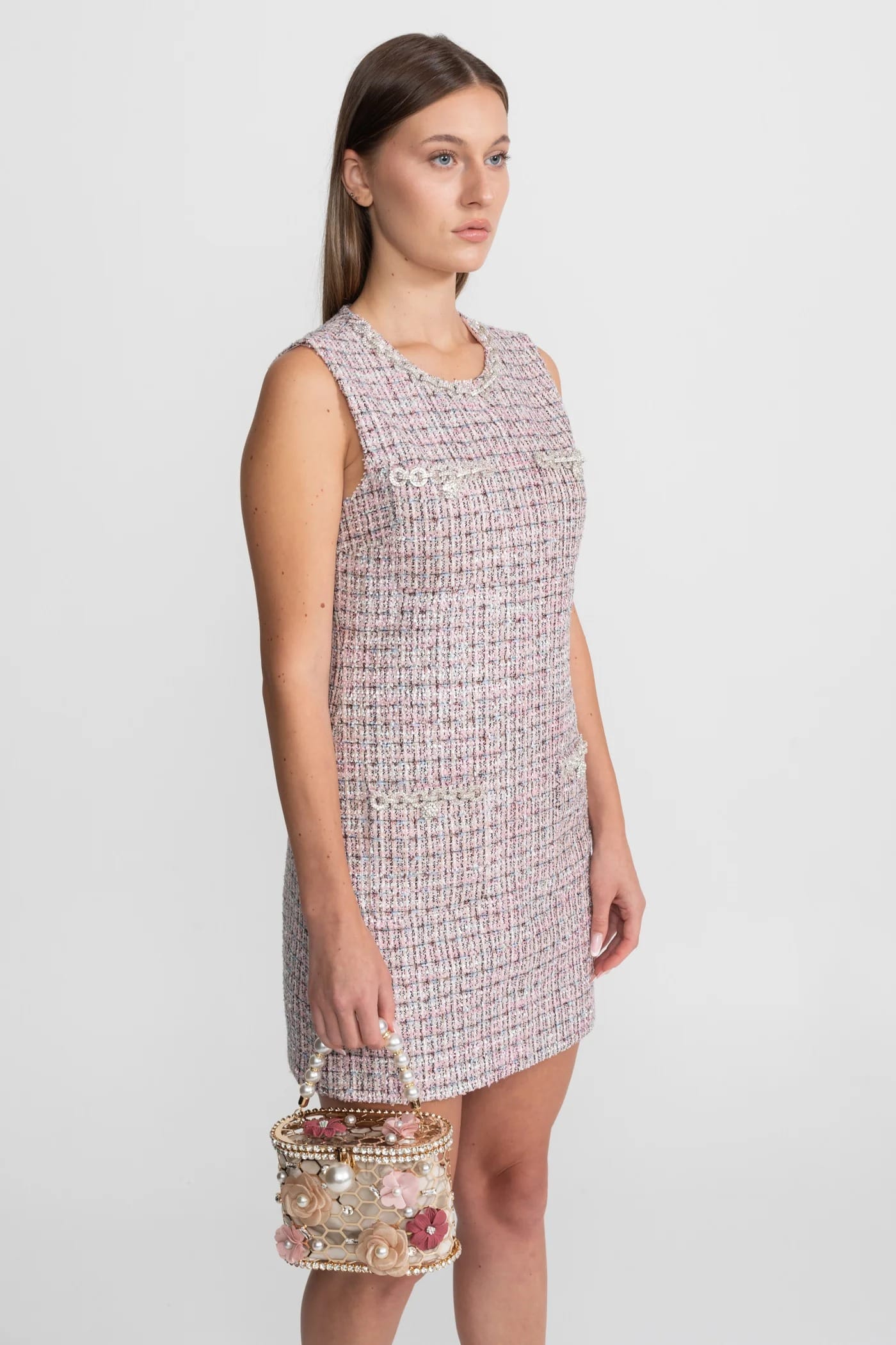 Sleeveless Mini Dress with Chain Detail and Front Pockets - Pink