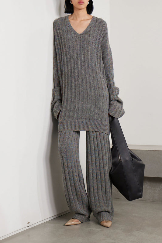 Ribbed V-Neck Oversized Top and Trousers Co-Ord Set