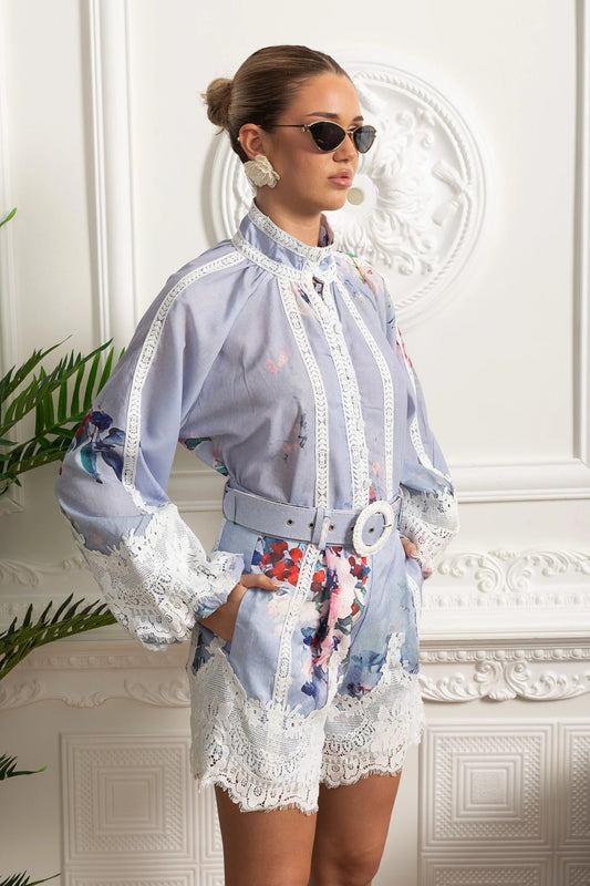 Floral Lace Embroidered Blouse and Belted Shorts Set - Blue
