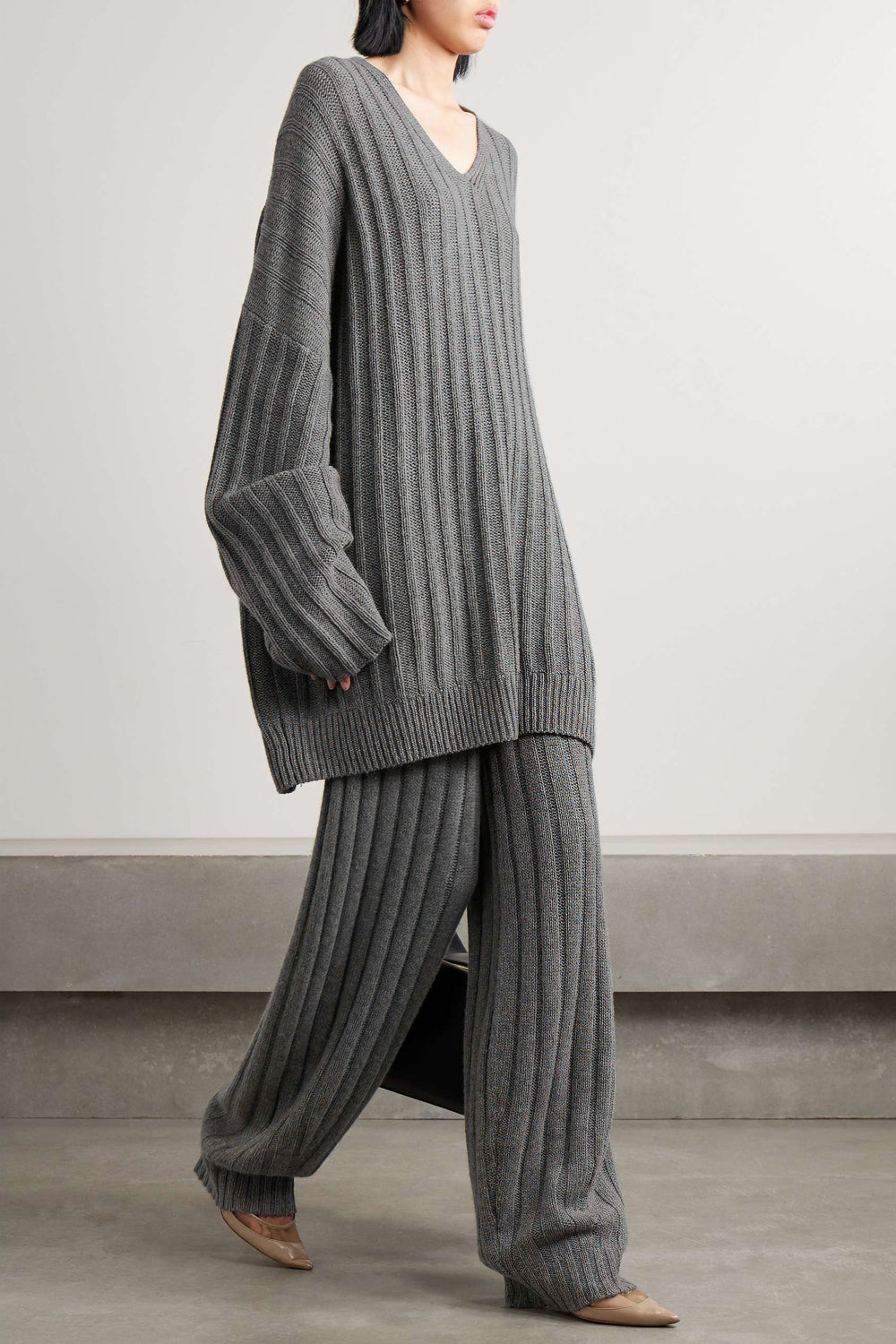 Ribbed V-Neck Oversized Top and Trousers Co-Ord Set