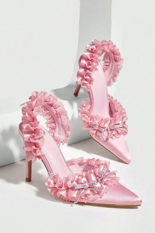 Pointed Toe Heels with Ruffle Trim and Bow Details - Pink