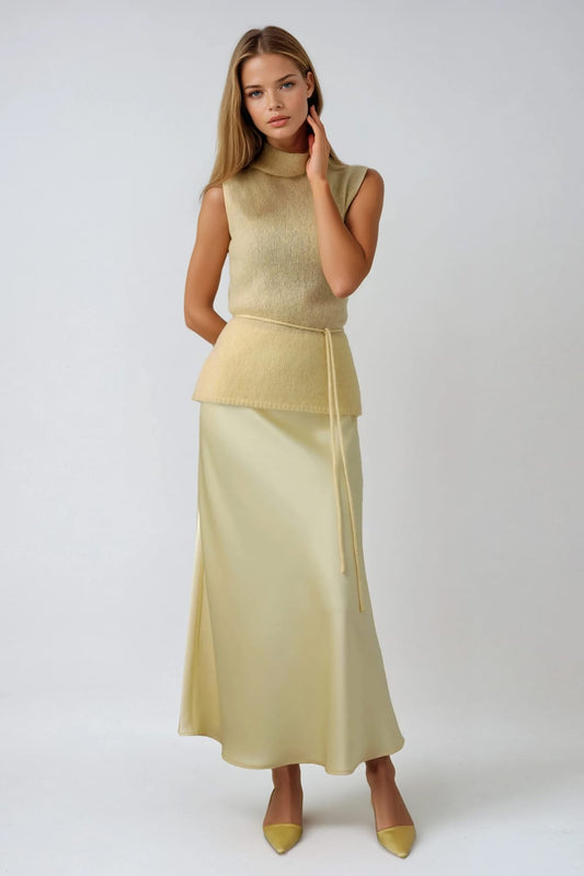 Sleeveless Knitted High Neck Top with Waist Tie - Yellow