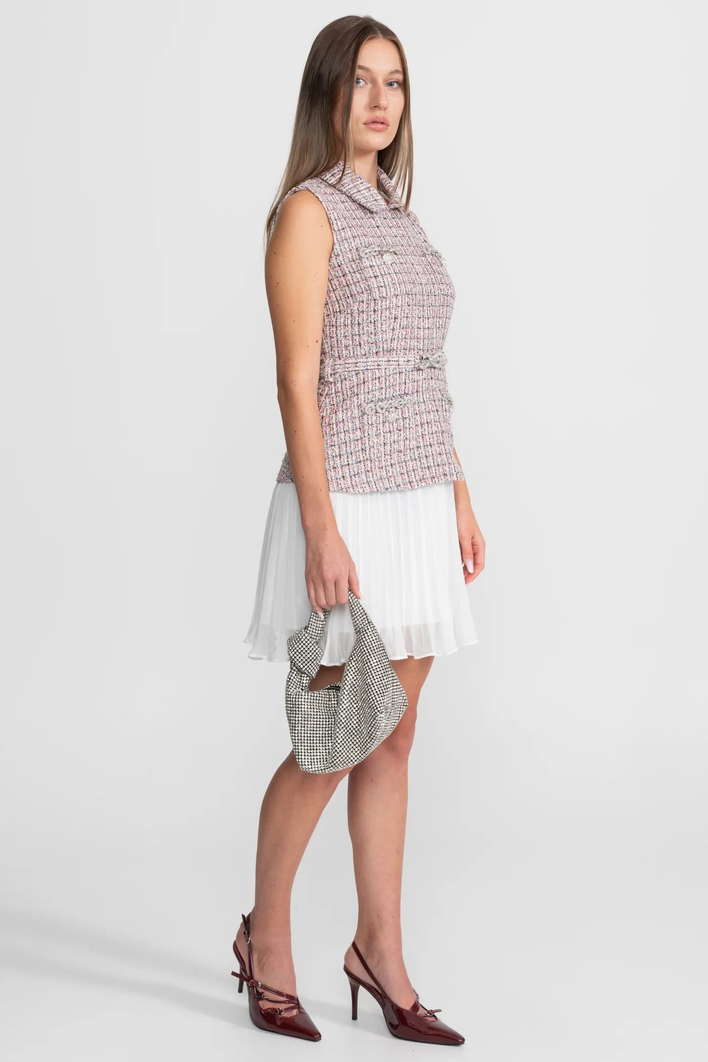 Sleeveless Mini Dress with Bow Details and Structured Collar - Pink