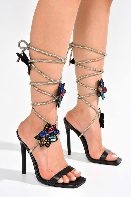 Lace-Up Sandals with Beaded Flower Detail - Black