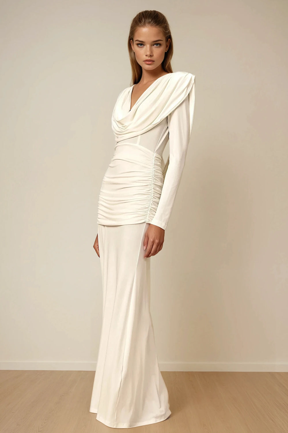 Draped Maxi Dress with Long Sleeves - White