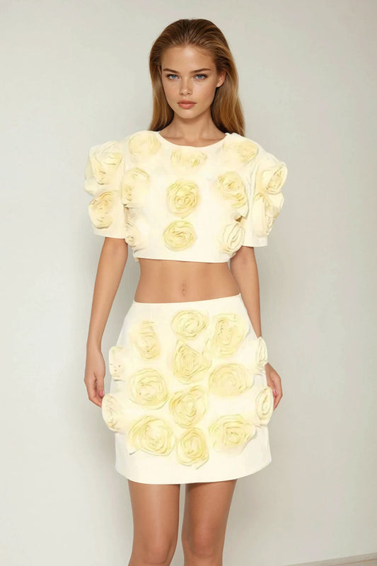 Two-Piece Set with 3D Rosette Top and Mini Skirt - Yellow