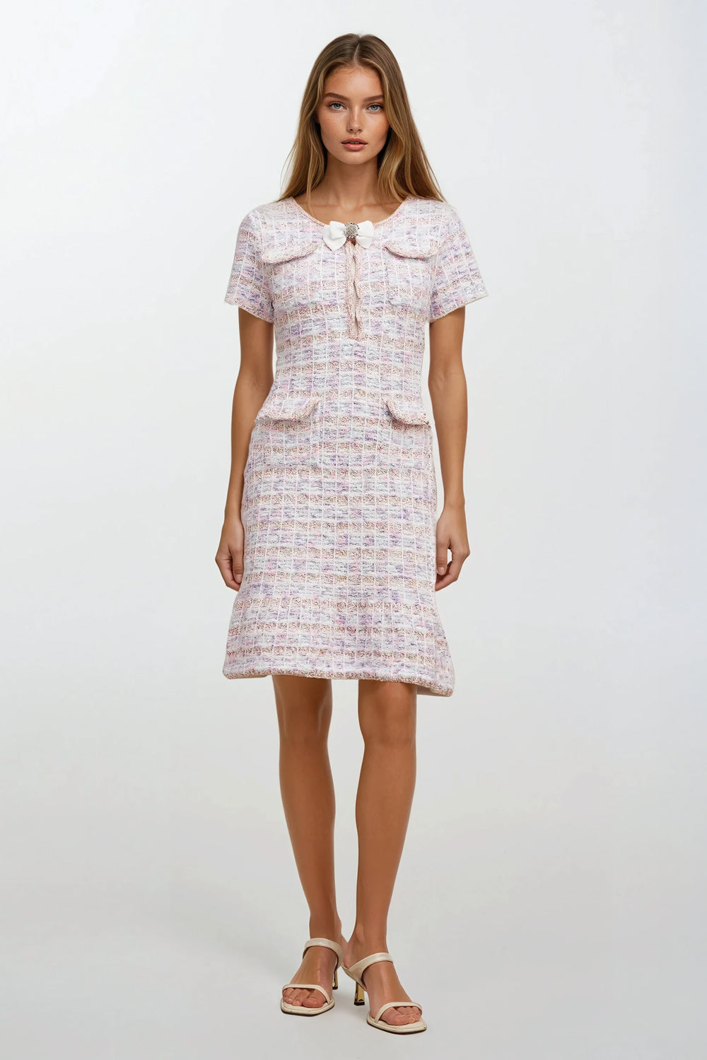 Knitted Bow Embellishment Mini Dress - Pink