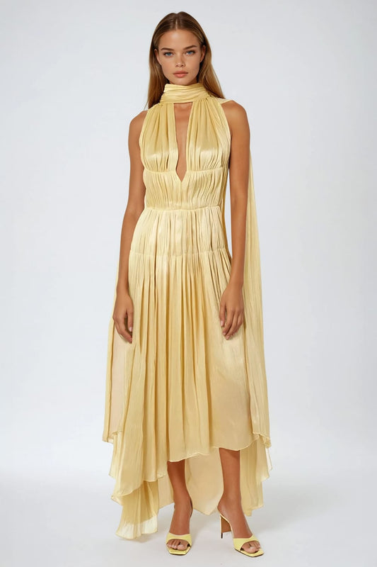 Draped Halter Maxi Dress with Scarf Tie - Yellow