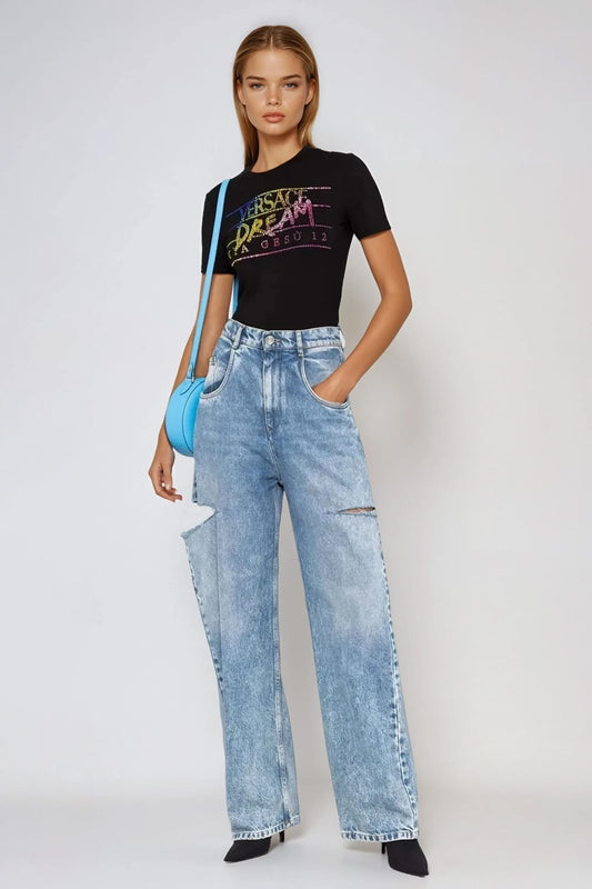 High-Waist Straight-Leg Jeans with Cut-Out Knees - Blue