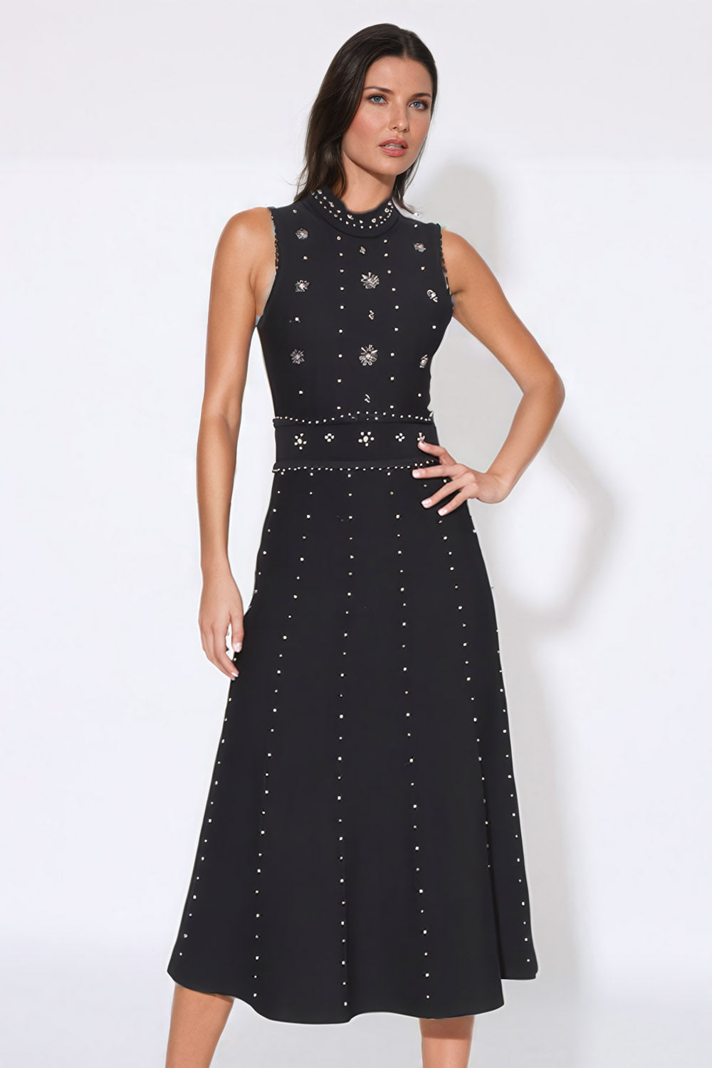 Elegant Beaded A-Line Midi Dress - Black