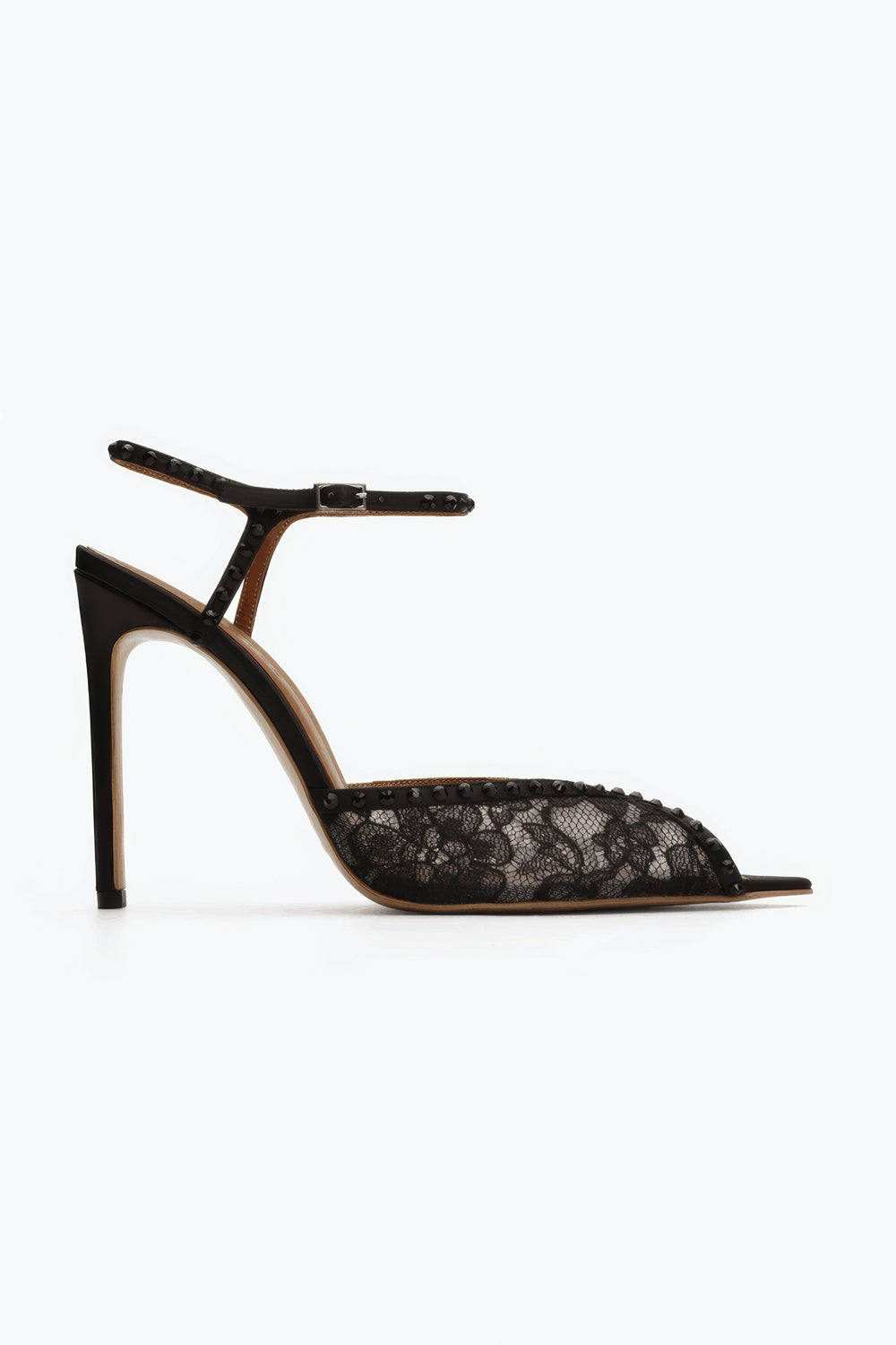 Pointed Slingback Heels with Lace Detail and Studded Straps - Black