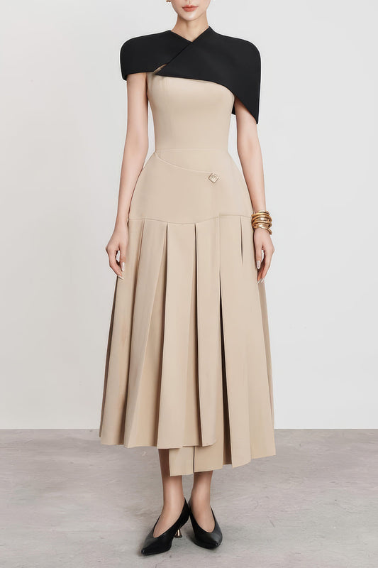 Pleated Midi Dress with Cape Overlay
