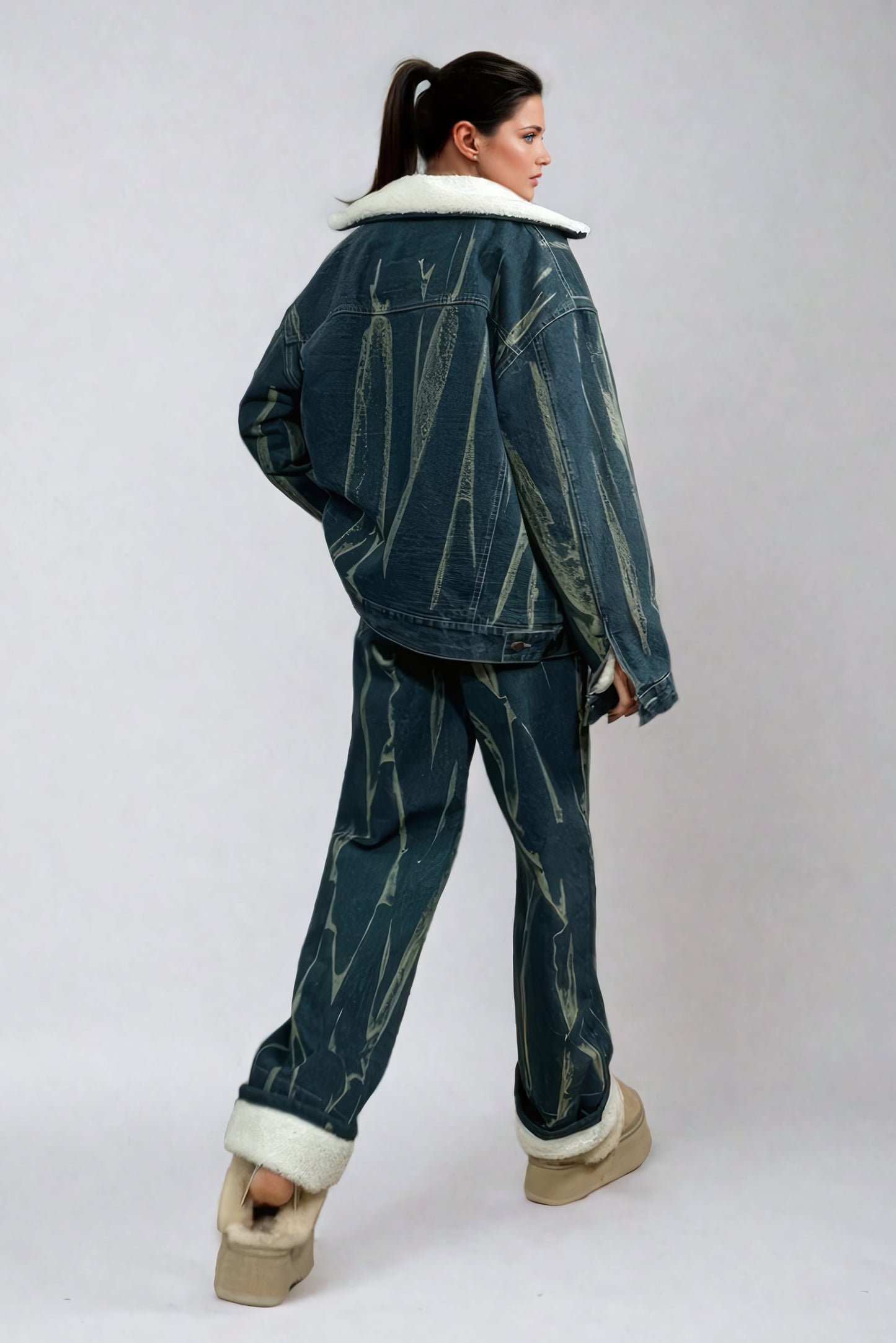 Denim Jacket with Fur Lining and Abstract Streaked Design - Blue