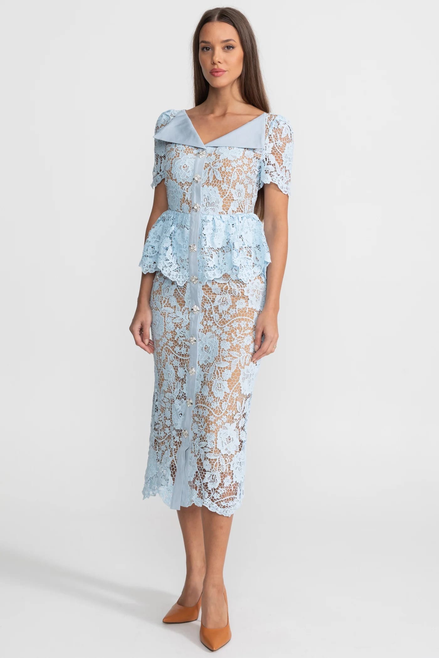 Short Sleeve Lace Midi Dress with Peplum Detail - Blue