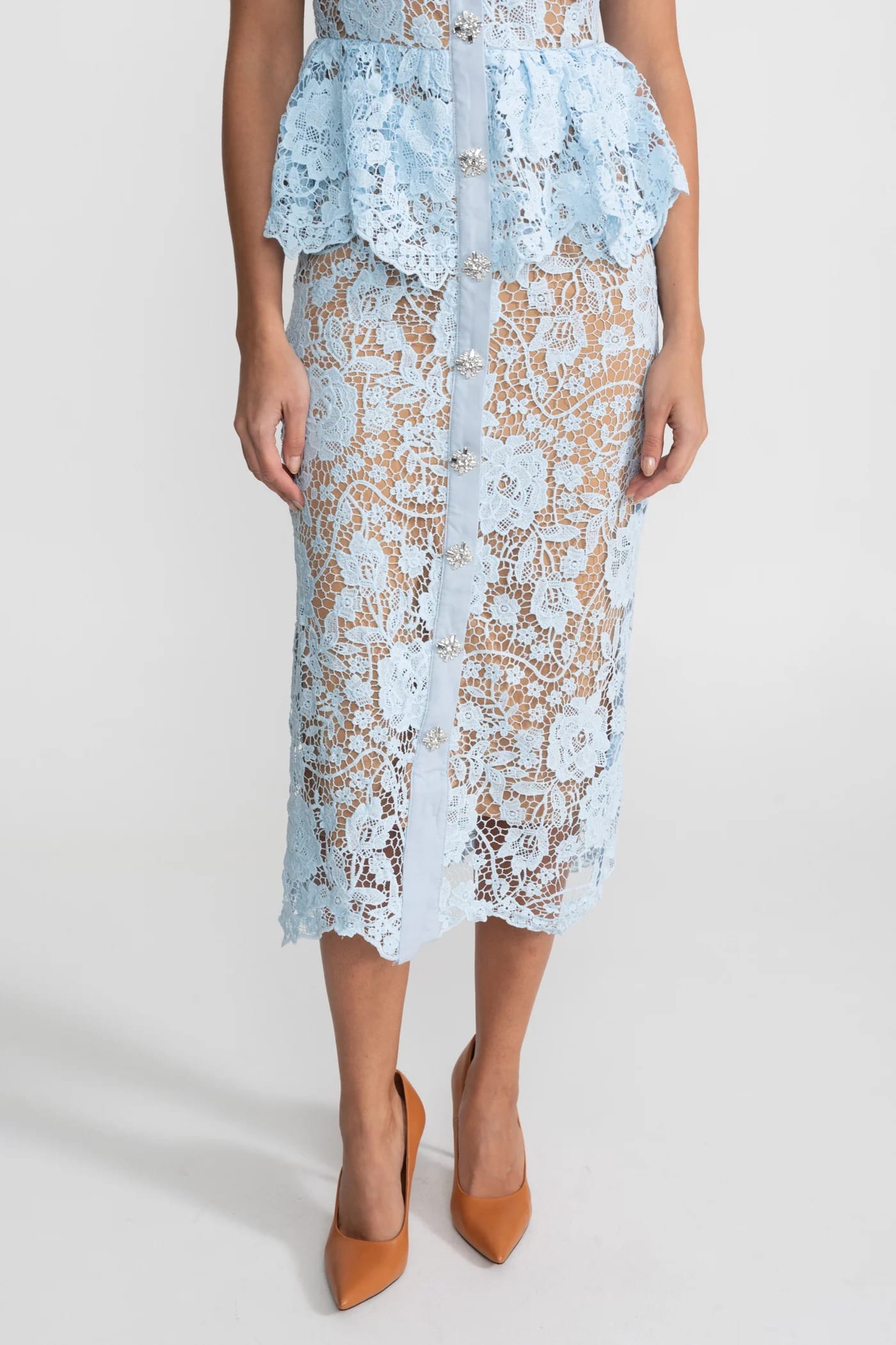 Short Sleeve Lace Midi Dress with Peplum Detail - Blue