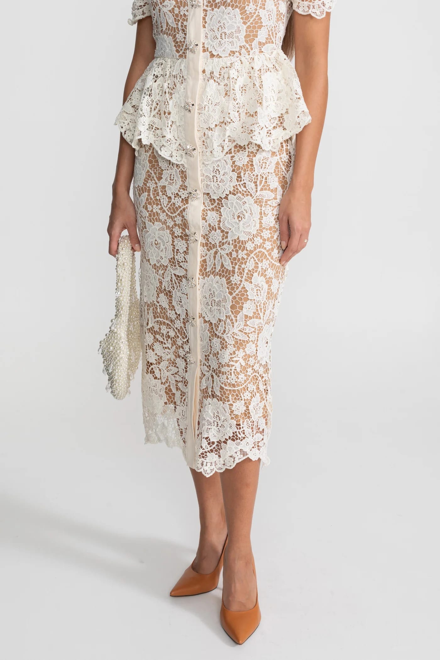 Short Sleeve Lace Midi Dress with Peplum Detail - White