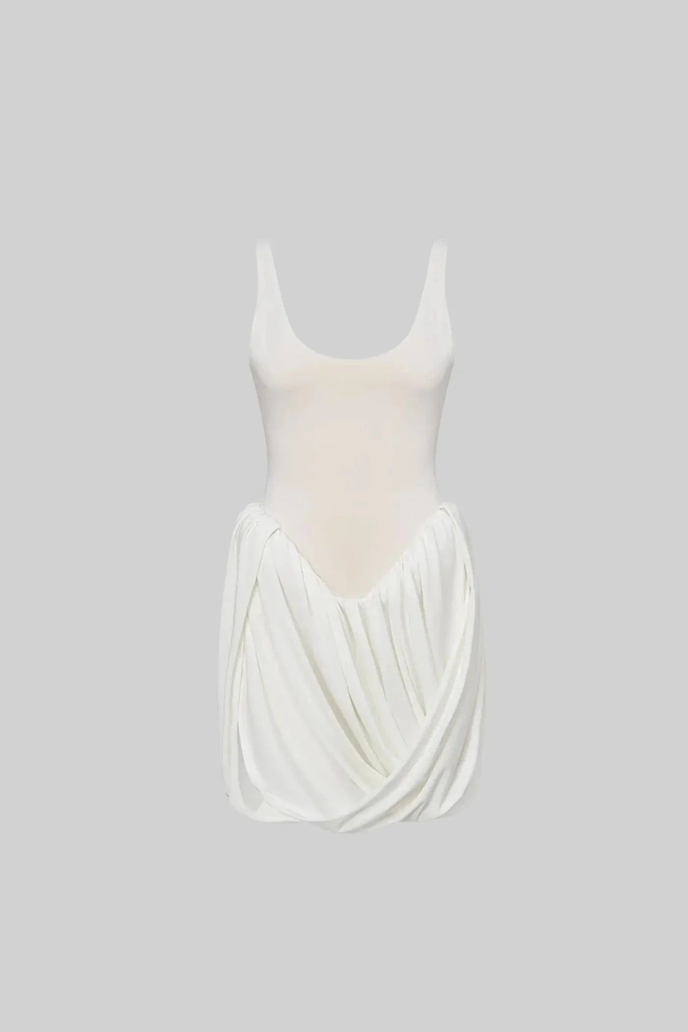 Draped Mini Dress With Scoop Neck and High-Cut Hem - White