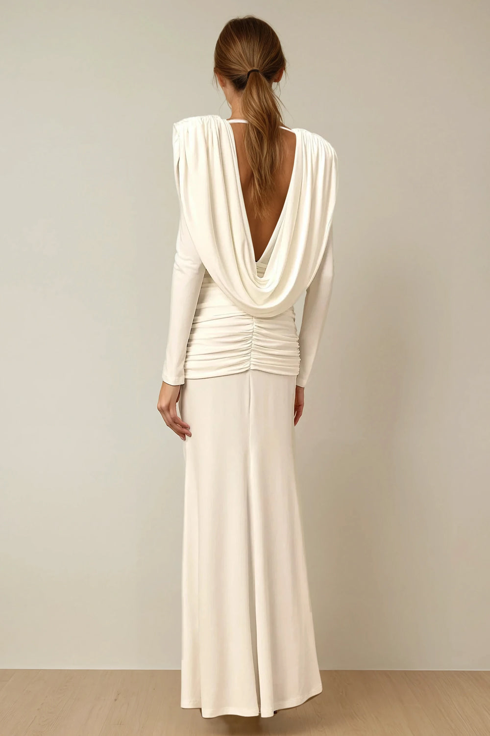 Draped Maxi Dress with Long Sleeves - White