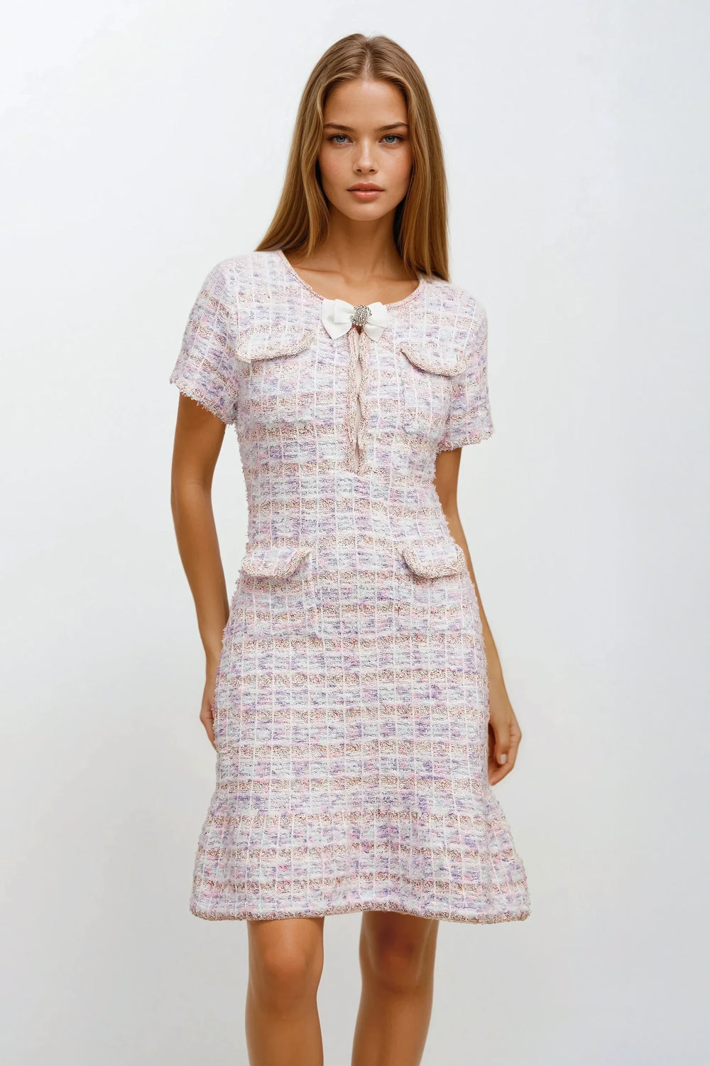 Knitted Bow Embellishment Mini Dress - Pink