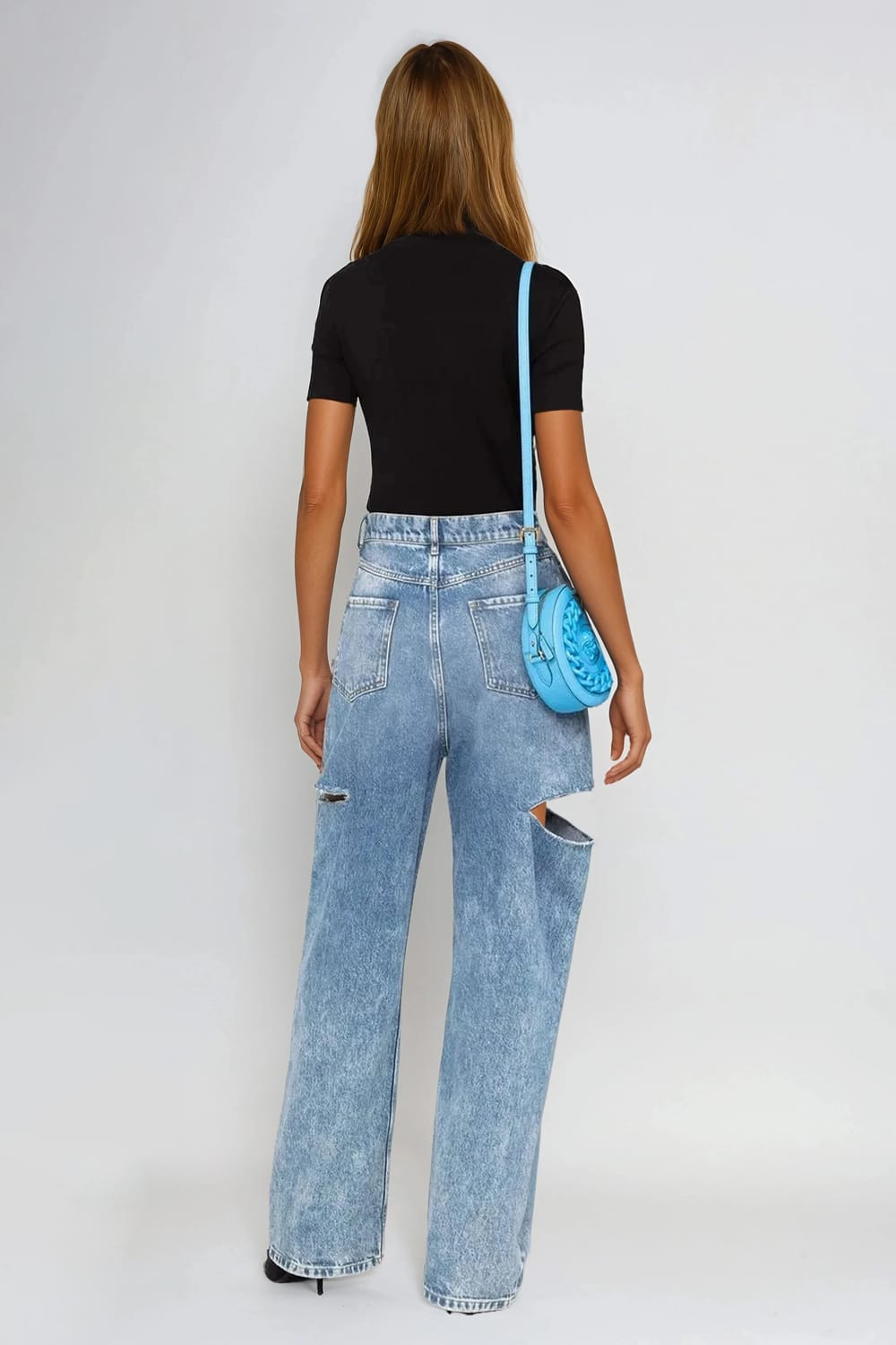 High-Waist Straight-Leg Jeans with Cut-Out Knees - Blue