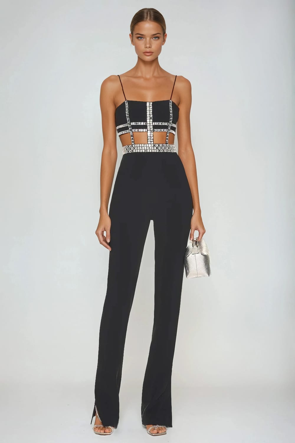 Rhinestone Detail Cut-Out Spaghetti Strap Jumpsuit - Black