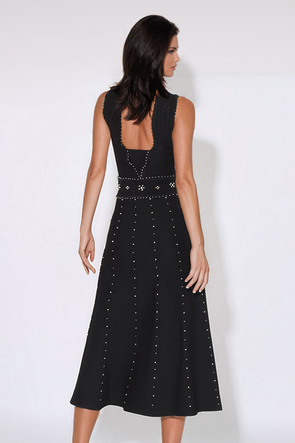 Elegant Beaded A-Line Midi Dress - Black