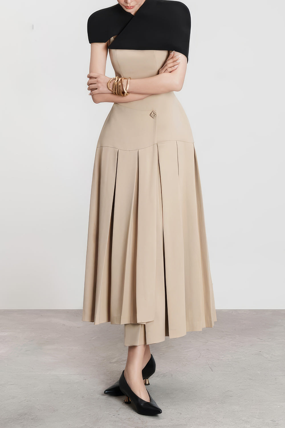 Pleated Midi Dress with Cape Overlay