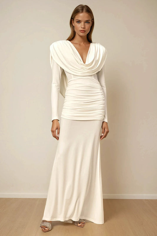 Draped Maxi Dress with Long Sleeves - White