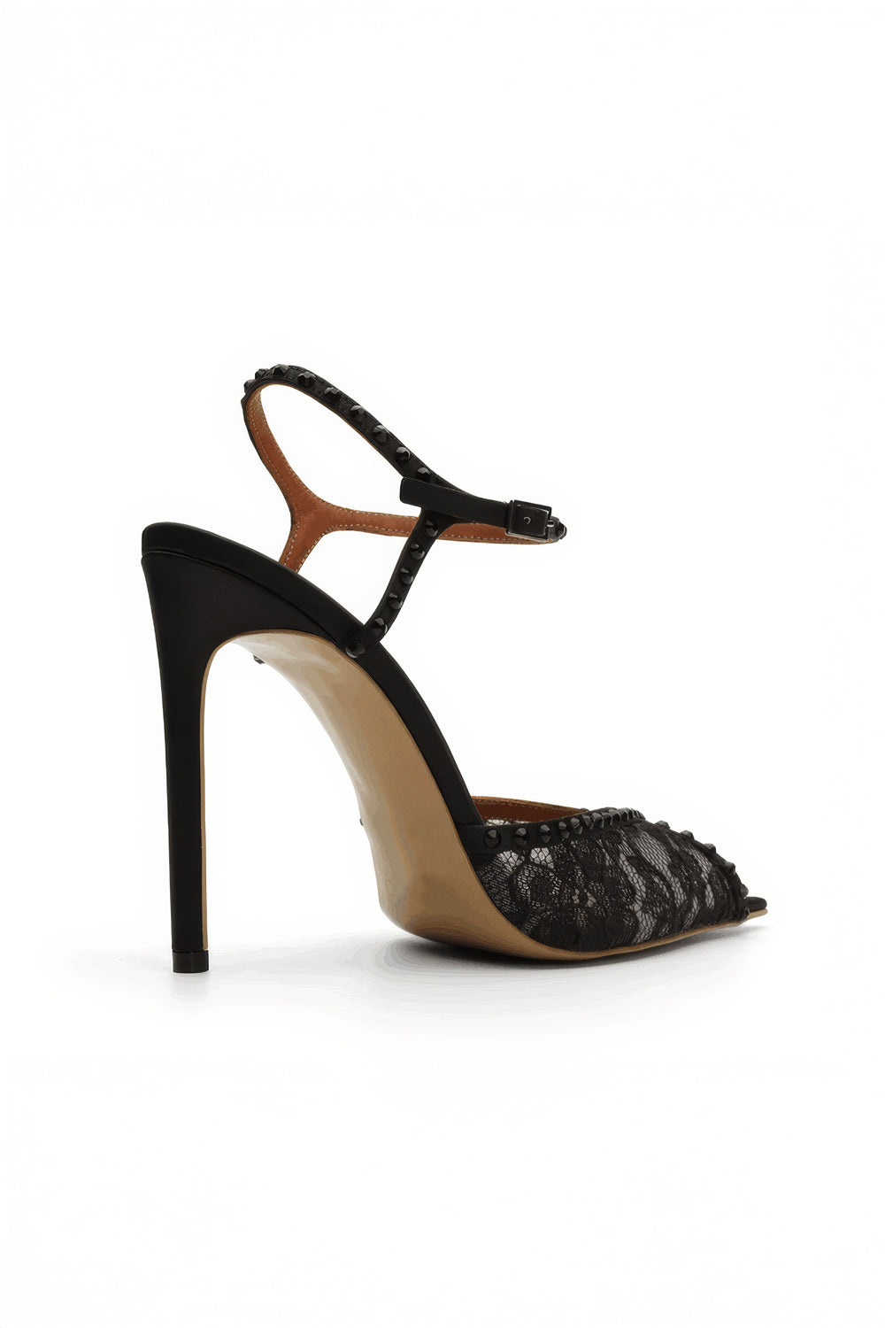 Pointed Slingback Heels with Lace Detail and Studded Straps - Black