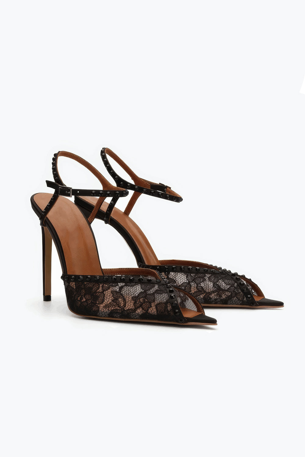 Pointed Slingback Heels with Lace Detail and Studded Straps - Black