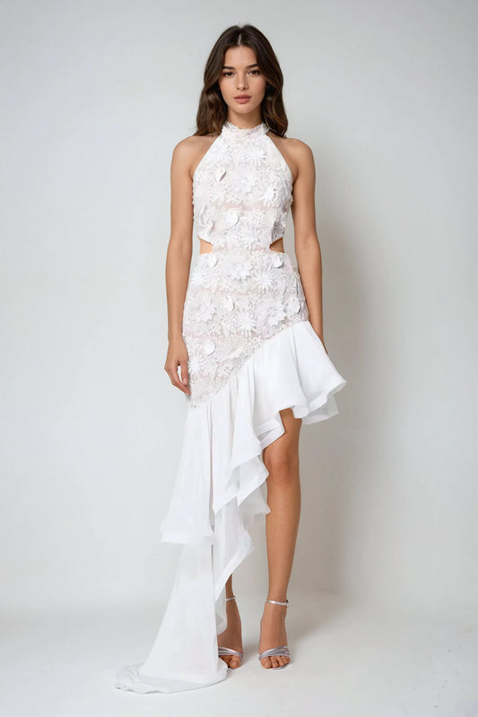 Floral Embellished Cut-Out Midi Dress - White