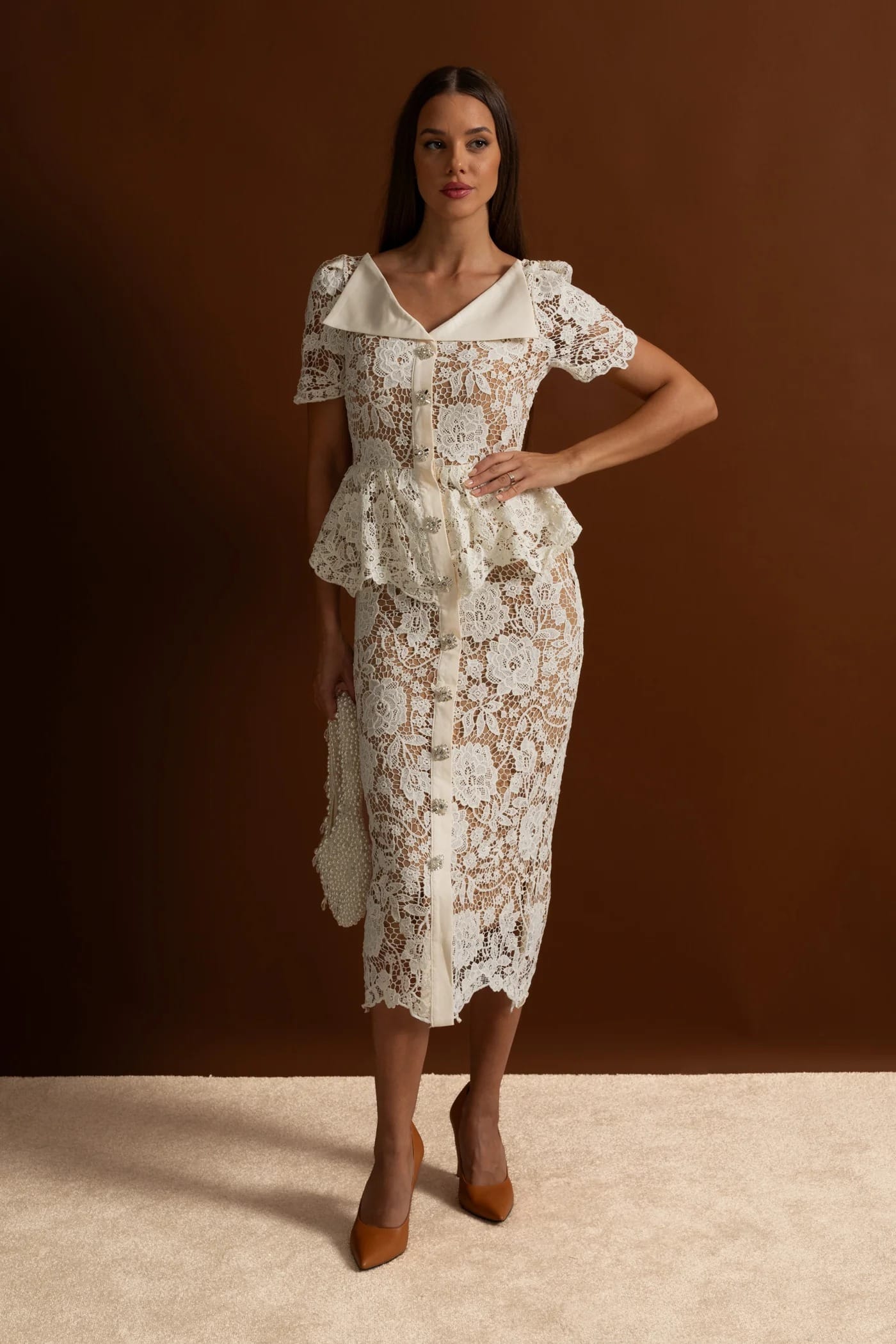 Short Sleeve Lace Midi Dress with Peplum Detail - White