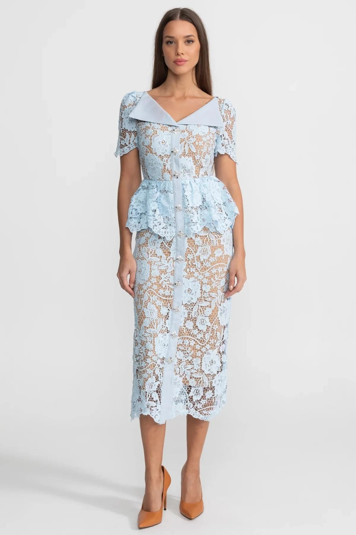 Short Sleeve Lace Midi Dress with Peplum Detail - Blue