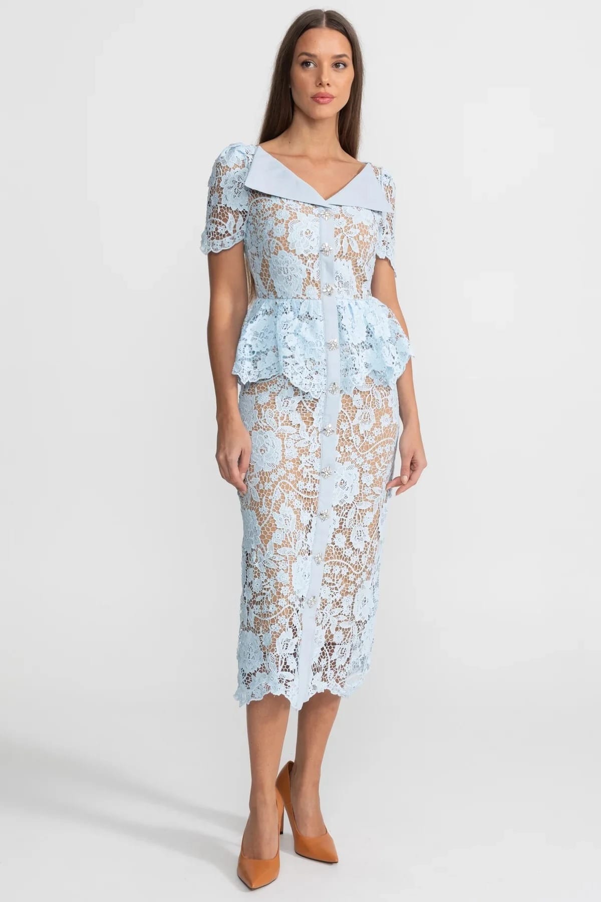 Short Sleeve Lace Midi Dress with Peplum Detail - Blue