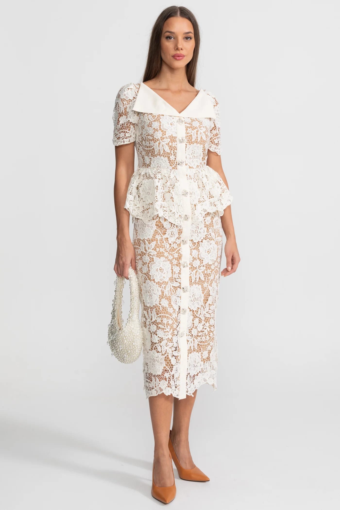 Short Sleeve Lace Midi Dress with Peplum Detail - White