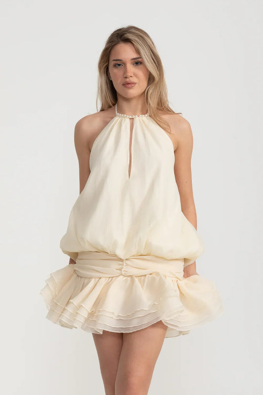 Pearl Halter Puff Dress With Layered Mini Skirt - Ivoire